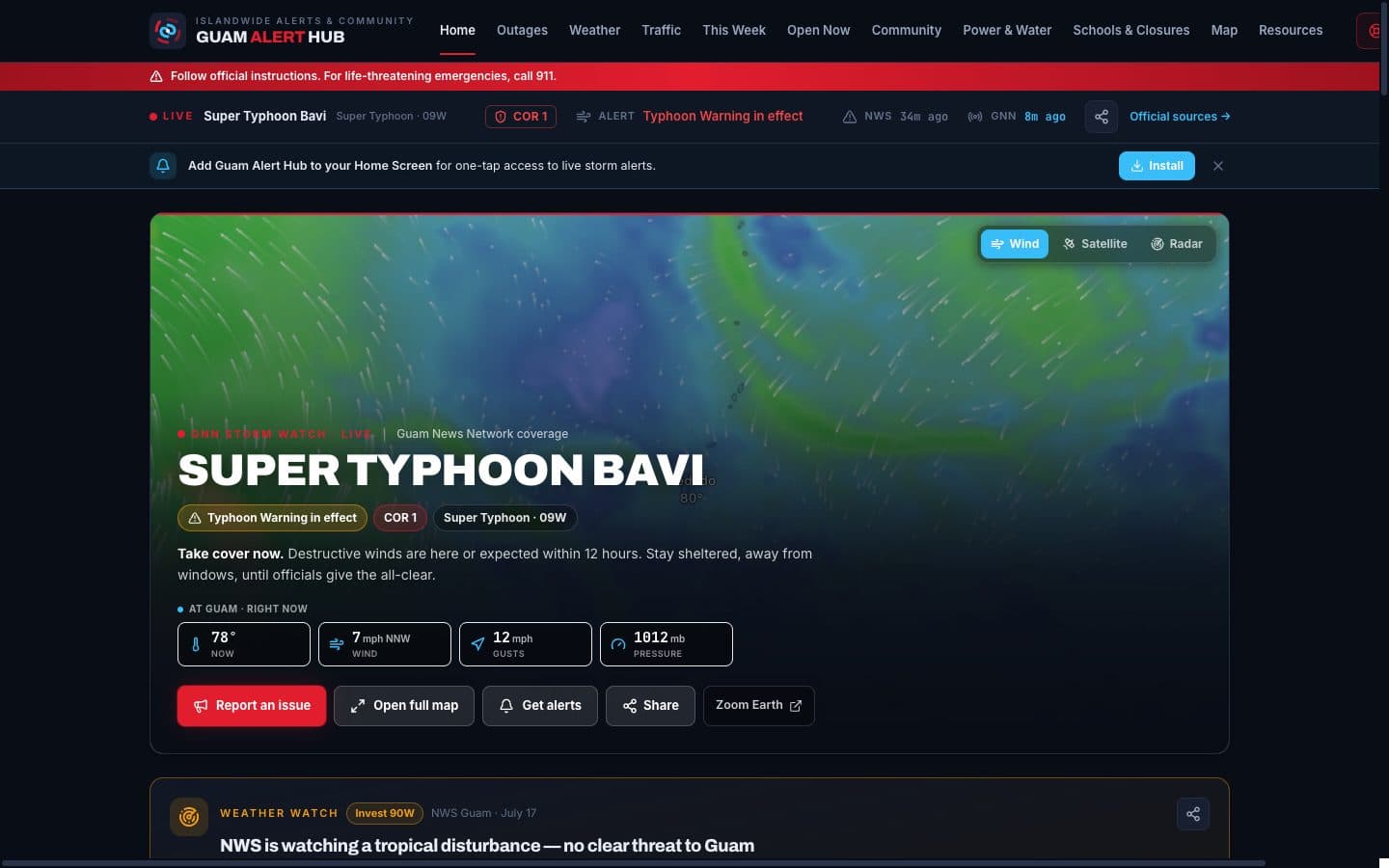 Guam Alert Hub during Super Typhoon Bavi: the live typhoon map, warnings, and current conditions