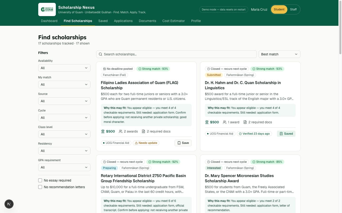 Scholarship Nexus: product screenshot